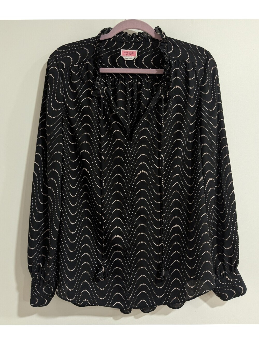 NEW Kate Spade Black Wavy Dot Ruffle-Trim Blouse